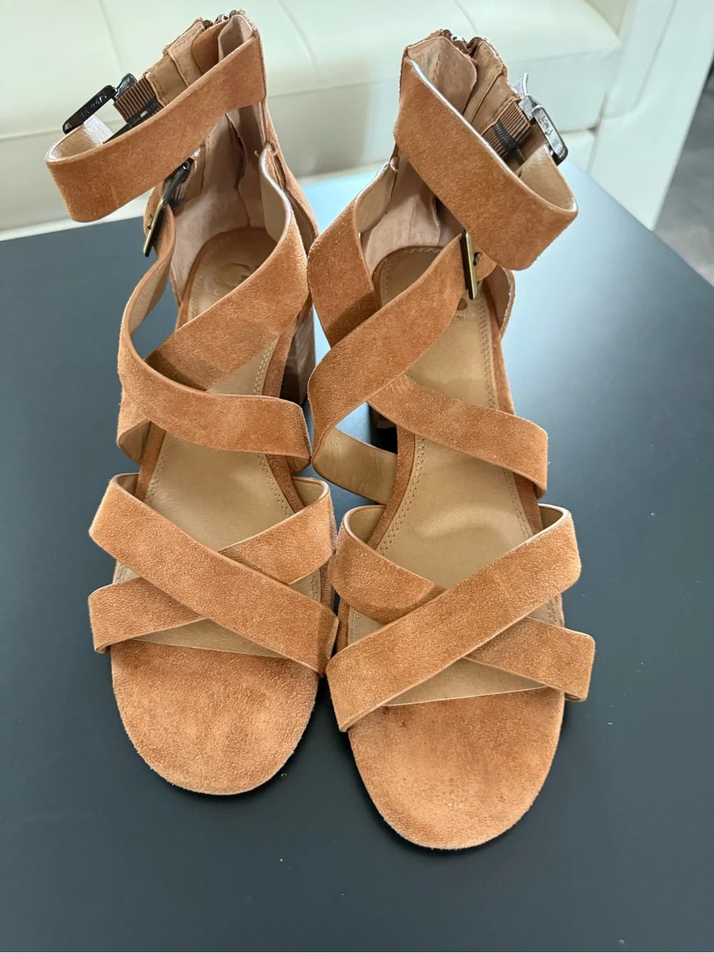 Gianni Bini Cognac Suede Crisscross Ankle-Strap Block Heel Sandals